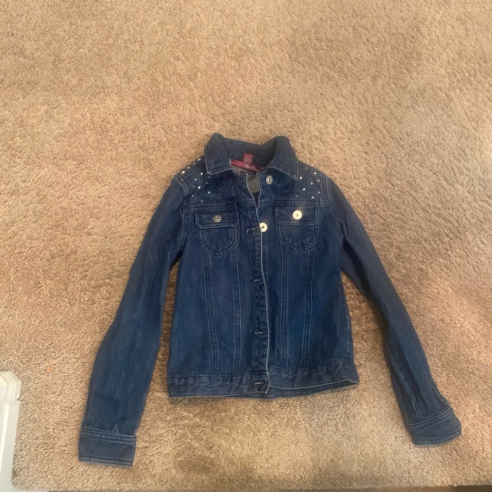 kids jean jacket with finest rhinestones on the shoulders, brand: epic threads